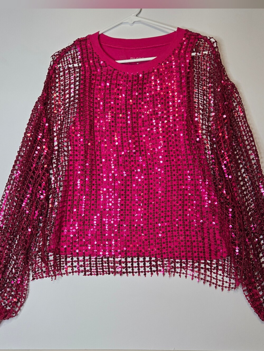 Pilcro Hot Pink Sequin Mesh Sweatshirt